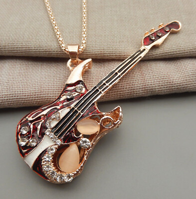 #ad Women#x27;s Red Enamel Opal Crystal Music Guitar Pendant Long Necklace $6.99