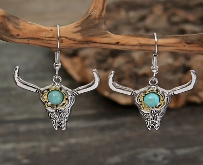 #ad Women#x27;s Earrings Vintage Boho Western Faux Turquoise Steer Bull Head Jewelry $12.25