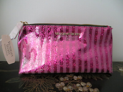 #ad Victoria#x27;s Secret Original PINK Signature Stripes Cosmetic Make up Case Bag NEW $25.99