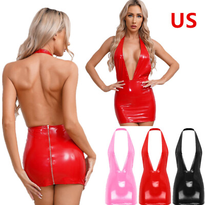 #ad Women#x27;s Shiny Party Dress Faux Leather Zipper Nightwear Backless Bodycon Dresses $11.61
