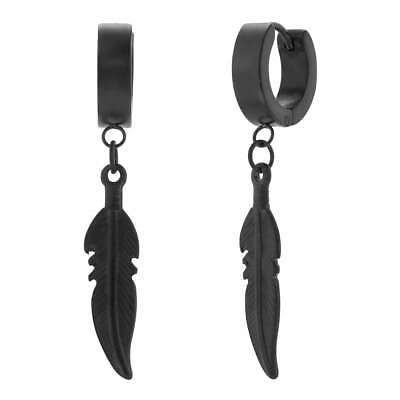 #ad Men#x27;s Black Stainless Steel Dangle Feather Hinged Hoop Earrings $60.20