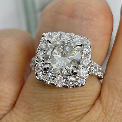 #ad 2.20Ct Cushion Cut Real Moissanite Anniversary Halo Ring 14K White Gold Plated $155.79
