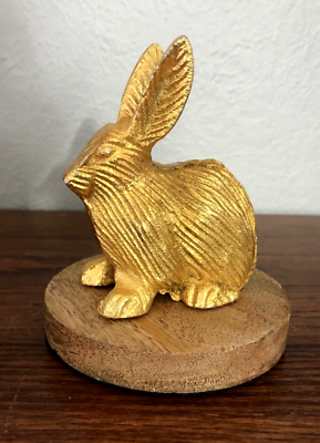 #ad Vintage Rabbit Bunny Figurine Cast Metal Gold Leaf w Wood Base 4 1 2quot; $7.75