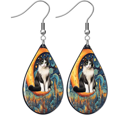#ad Tuxedo Cat Crescent Moon Earrings Starry Night Teardrop Sterling Cat Lover Gift $12.95
