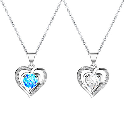 #ad WOMEN 925 Sterling Silver Heart White Blue CZ Pendant Necklace 18quot; chain US $7.99