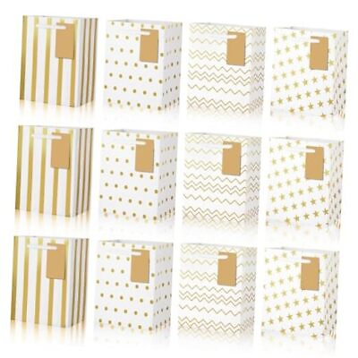 #ad 20 Pack White Gold Small Gift Bags with Handles 4 Designs Mini Metallic $21.80