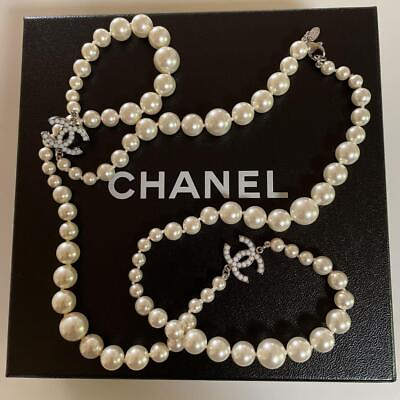 #ad CHANEL Long Pearl Necklace COCO Mark Logotype Box Rhinestone Ladies Accessary $1943.01