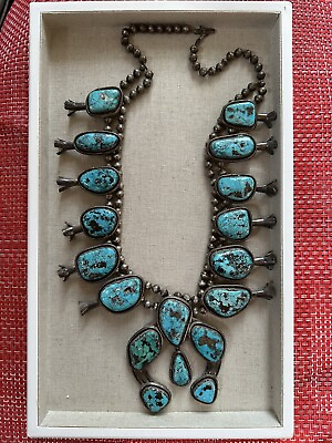 #ad OLD PAWN Vintage Stamped 424g Sterling Turquoise SQUASH BLOSSOM Necklace $2949.99