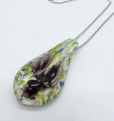 #ad Flower Art Glass Teardrop Pendant Necklace 19quot; Green Purple Silver Tone Boho $14.99