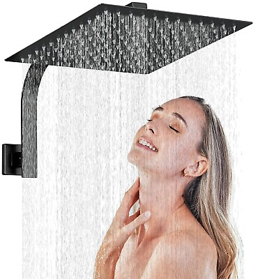 #ad 12quot; Black Square Stainless Steel Rainfall Shower Head with Shower Arm Wall Mount $29.99