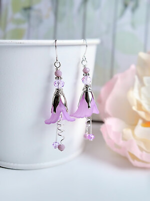 #ad Purple Flower Dangle Earrings Floral Jewelry Artisan Handmade $13.49