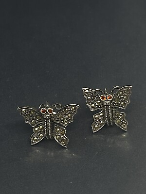 #ad Vintage 925 Sterling Silver Marcasites Butterfly Post Pierced 0.5” Earrings $35.00