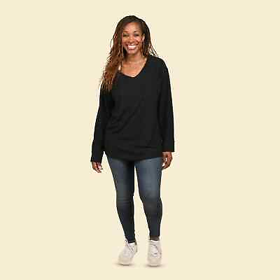#ad TAMSY Black Stretchable Comfy Casual Long Sleeves V Neck Top L Birthday Gifts $43.98