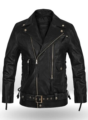 #ad Arnold Terminator 2 Men#x27;s Back Biker Leather Jacket $160.00