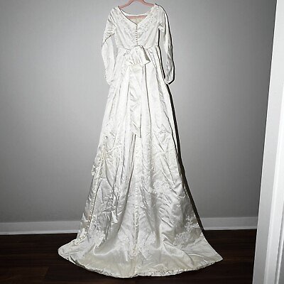 #ad Vintage 1960s Mod MCM Satin Wedding Dress Lace Applique Bridal Gown Train Bow XS $75.00