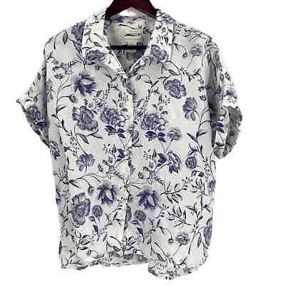 #ad Purple blue floral 100% floral button down short sleeve shirt size large $28.00