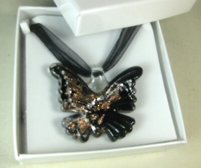 #ad hand blown glass pendant necklace butterfly black Murano style boxed 1.6x1.6quot; $13.99