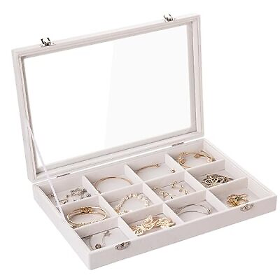 #ad Jewelry Tray Velvet Jewelry Organizer Storage Box with Clear Lid 12 Grid Beige $44.54
