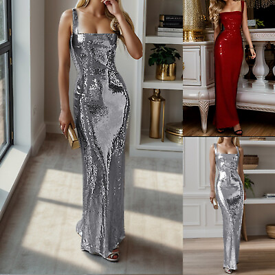 #ad Women#x27;s Square Neck Sequined Suspender Backless Sequined Long Dress $23.77