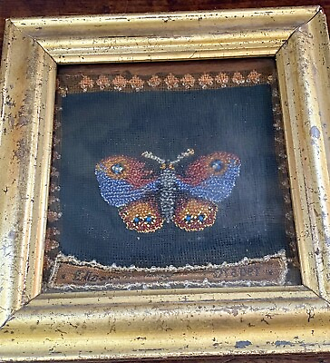 #ad Antique Victorian Beaded Purse Embroidery Butterfly Framed behind glass $159.00