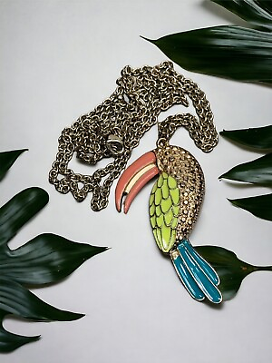 #ad Toucan Colourful Enamelled Pendant With Extra Long 40” Chain Necklace $14.20