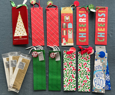 #ad 12 Hallmark Christmas Wine Gift Bags Snowflakes Tree Snowman Gold Tissue Paper $25.00