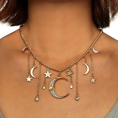#ad Bohemian Crystal Star Moon Gold Plated Pendant Necklace Women Party Jewelry Gift $12.98