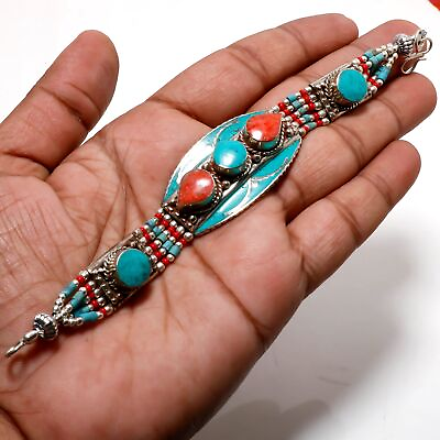 #ad Turquoise Coral Handmade Nepalese Silver Plated Tibetan Bracelet 7 8quot; PG 3008 $14.84