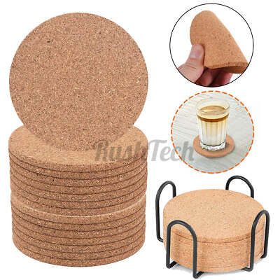 #ad Set of 16 Cork Coasters Absorbent with Holder Drink Coffee Tea Cup Mat Pad Decor $9.99