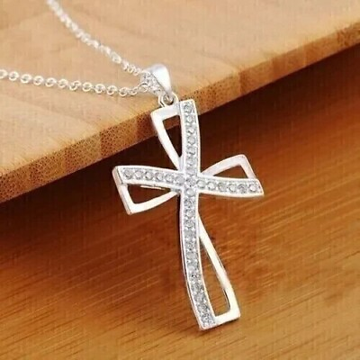 #ad Cross Pendant 3 Ct Round Cut Lab Created Diamond Chain In 14K White Gold Plated $134.49