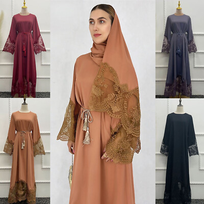 #ad Elegant Women Muslim Kaftan Lace Maxi Dress Dubai Abaya Caftan Evening Cocktail $41.37