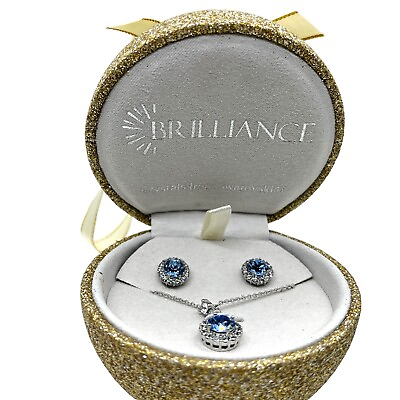 #ad Brilliance Necklace Earring Set Swarovski Elements Crystal Blue Halo In Box New $45.00