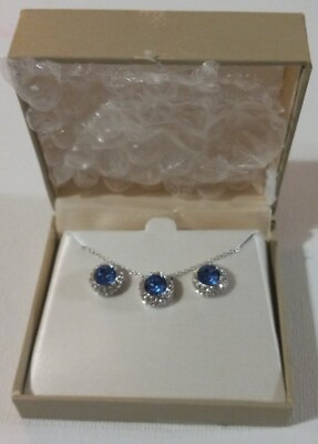 #ad #ad NEW 925 Sterling Silver Swarovski Elements Jewelry Set Necklace Earrings Blue $15.00