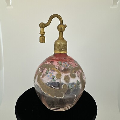 #ad Vintage Antique Cut amp; Enameled Atomizer Ruby Glass Perfume Bottle $89.95