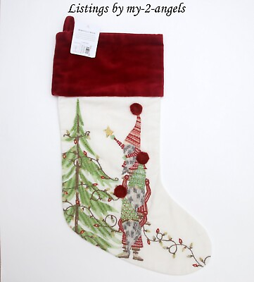 #ad NEW Pottery Barn WHIMSICAL GNOME Embroidered Stocking NO NAME MONO pom poms $69.95