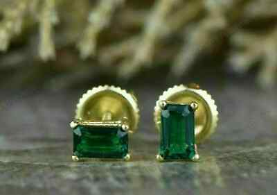#ad 2CT Emerald Cut Green Emerald Lab Created Stud Earring#x27;s 14K Yellow Gold Plated $41.99