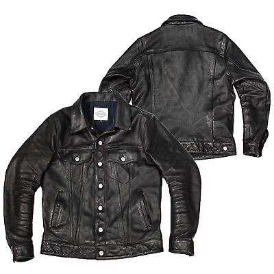 #ad Men#x27;s Trucker Black Real Genuine Leather Biker Cafe Racer Vintage Jacket $99.99