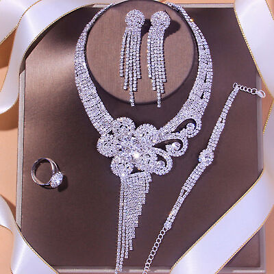 4pc Set Necklace Earring Rhinestone Jewelry Wedding Women Bridal Crystal Fashion $14.66