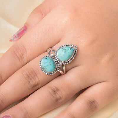 #ad Solid 925 Silver Turquoise Gemstone Ring Two Stone Ring Hippie Ring Gift For Her $60.00