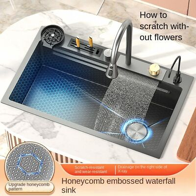 #ad Waterfall Sink Embossed Honeycomb Kitchen Steel Large Single Slot Washing Basin $488.79