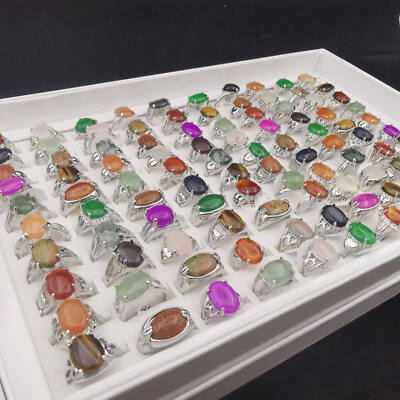 #ad 100Pcs Wholesale Lot Mixed Ring Natural Stone Rings Women Gemstone Jewelry Bulk $9.99