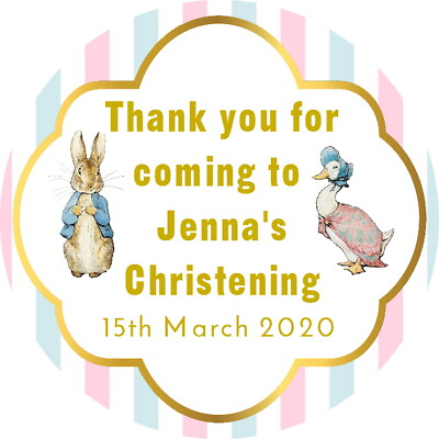 #ad BABY SHOWER CHRISTENING PERSONALISED GLOSS FAVOUR STICKERS BEATRIX POTTER GOLD GBP 4.55
