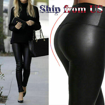 #ad Black Faux PU Leather Skinny Pants Trousers Push Up Butt Lift Stretch Leggings $16.99