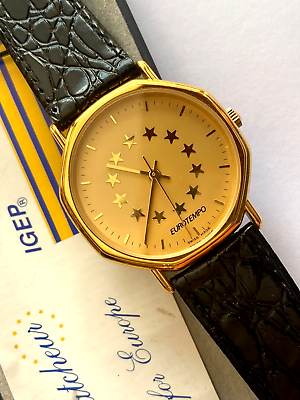 #ad Original Rare Eurotempo Quartz Unisex Steel Gold Plated Swiss Wristwatch NOS $190.00