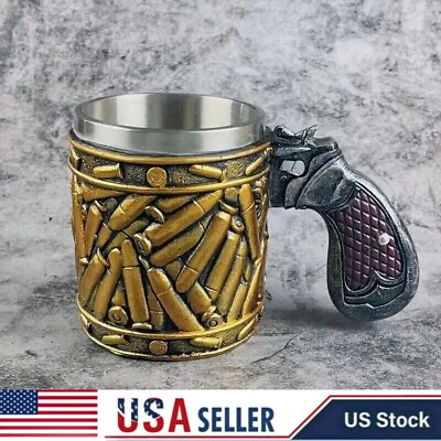 #ad 3D Handmade Stainless Steel Bullet Pattern Beer Mug Revolver Bullet Beer Cup $30.25