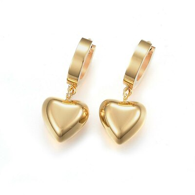 #ad Stainless Steel Dangle Hoop Earrings Heart Gold 24mm pin 0.9mm P615 $8.99
