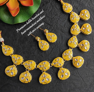 #ad Gold Plated Enameled Yellow Choker Kundan Necklace Earrings Jewelry Set $29.99
