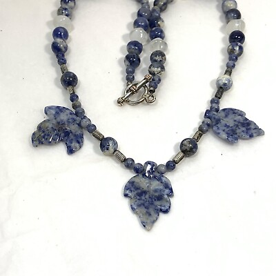 #ad VINTAGE Blue Stone Bead Necklace Carved Leaves Quartz Art Glass 19quot; $17.95