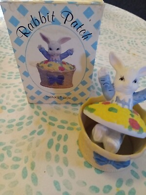 #ad Vintage Rabbit Patch Trinket Box Ceramic Bunny 2 Pcs Easter Spring 4quot; x 2.5quot; $7.70