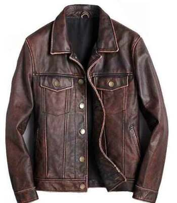 #ad Mens Trucker Brown Real Genuine Leather Biker Cafe Racer vintage Jacket $25.00